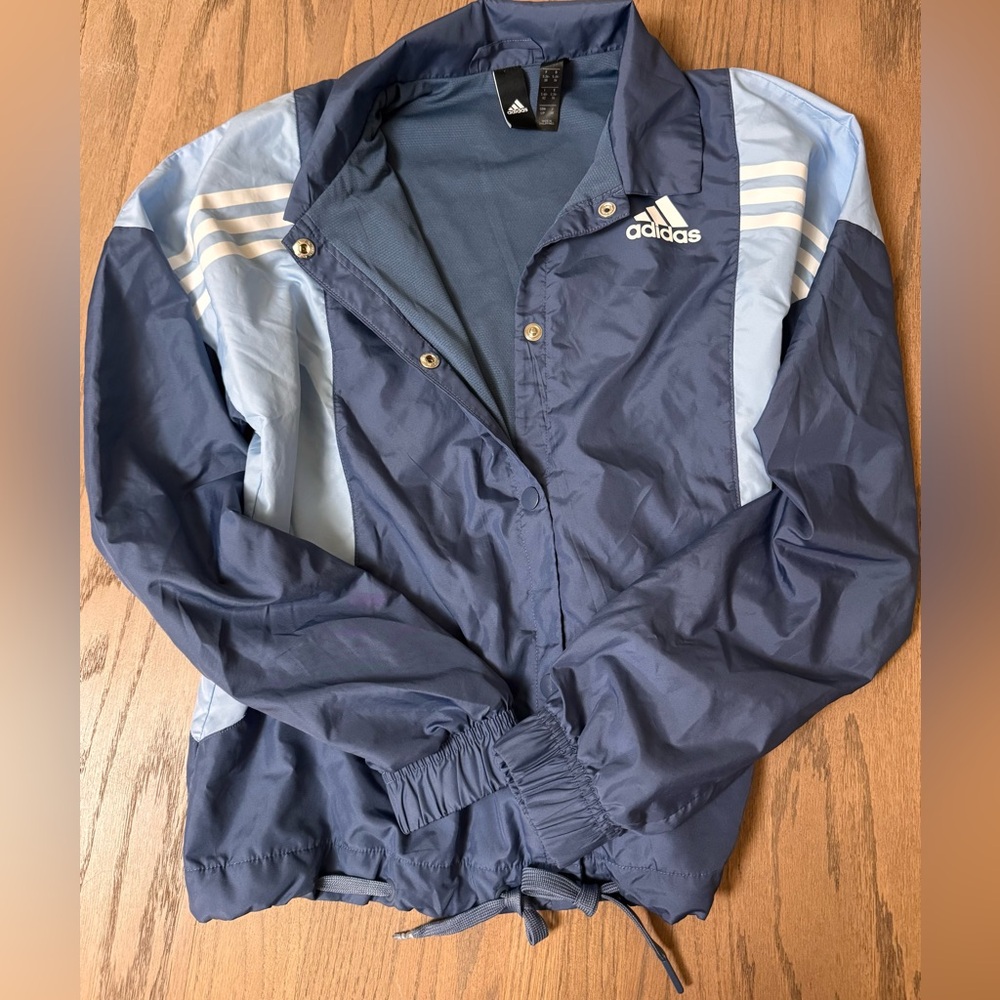 Adidas Blue Colorblock Windbreaker Jacket Women’s Small Lightweight Snap Front